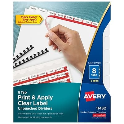 PROFIT SHARE TREND SALES Index Maker COSTS Easy Apply POOMO Label Al Taba at Once SHP RESULT Laser I Inkjet RESULTS SHIP PROMO RESULTS COSTS 9e SALES PROMO RENOS COSTS DESULTS 8 TABS 5 SETS 8 Tab Print & Apply Clear Label Unpunched Dividers Customizable clear labels for a printed-on look Unpunched for binding documents AVERY. 11432 Free Eny Use Avery*