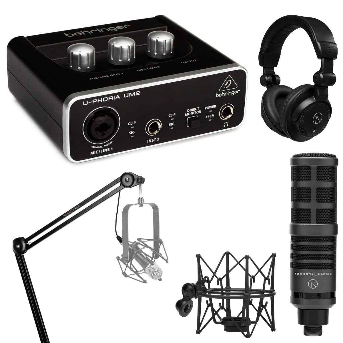 Behringer - U-PHORIA UM2 2x2 USB Audio Interface, Podcast Bundle Broadcast Mic, Broadcast Arm W XLR, Studio Monitor