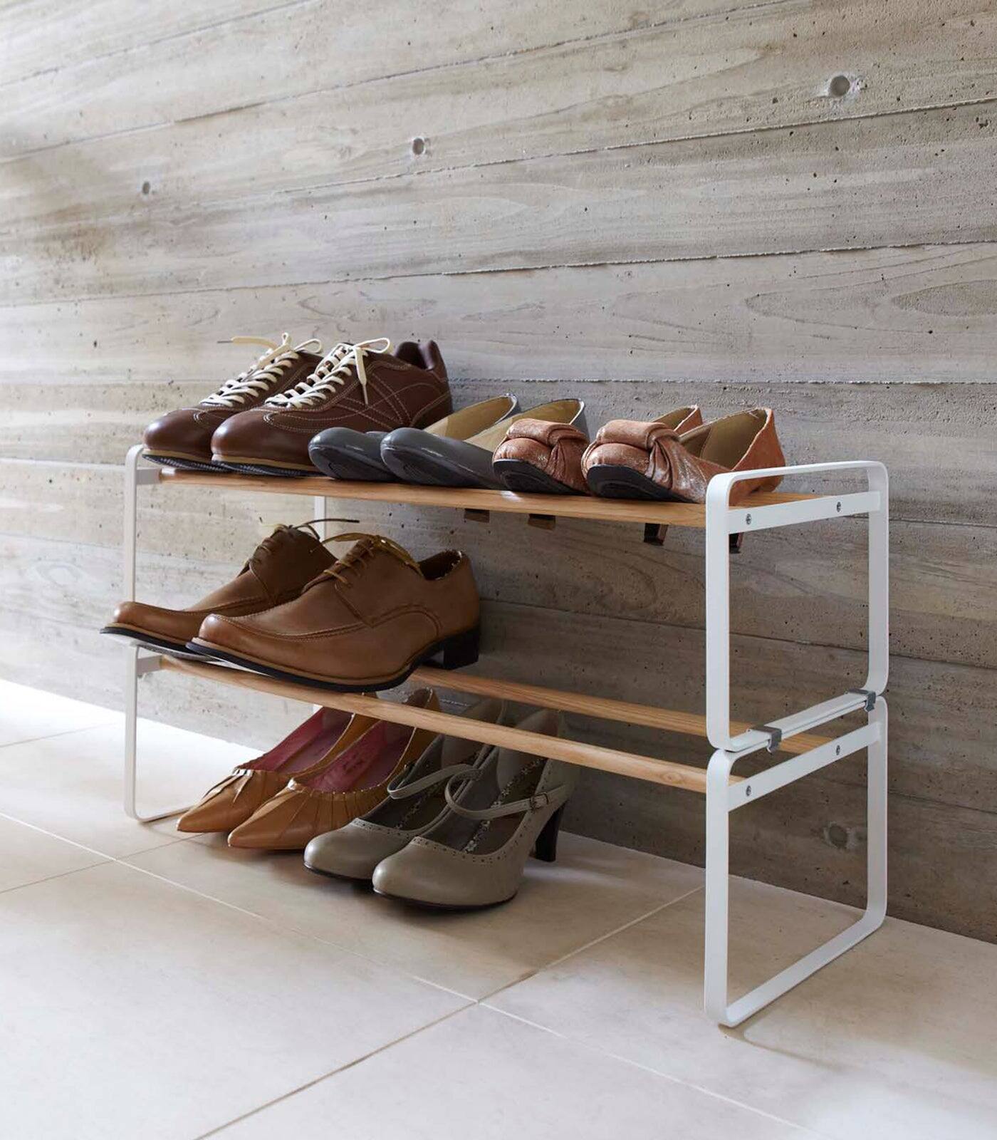 Back. Yamazaki Home - Stackable Shoe Rack (7" H)  - Steel + Wood - White.