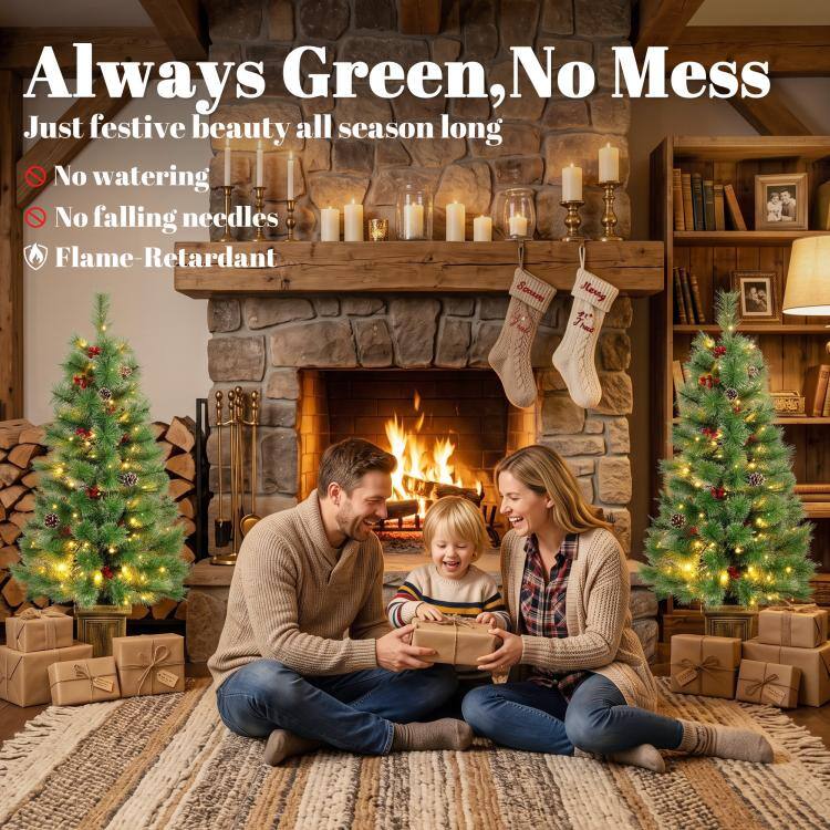 Always Green, No Mess  
Just festive beauty all season long  
No watering  
No falling needles  
Flame-Retardant