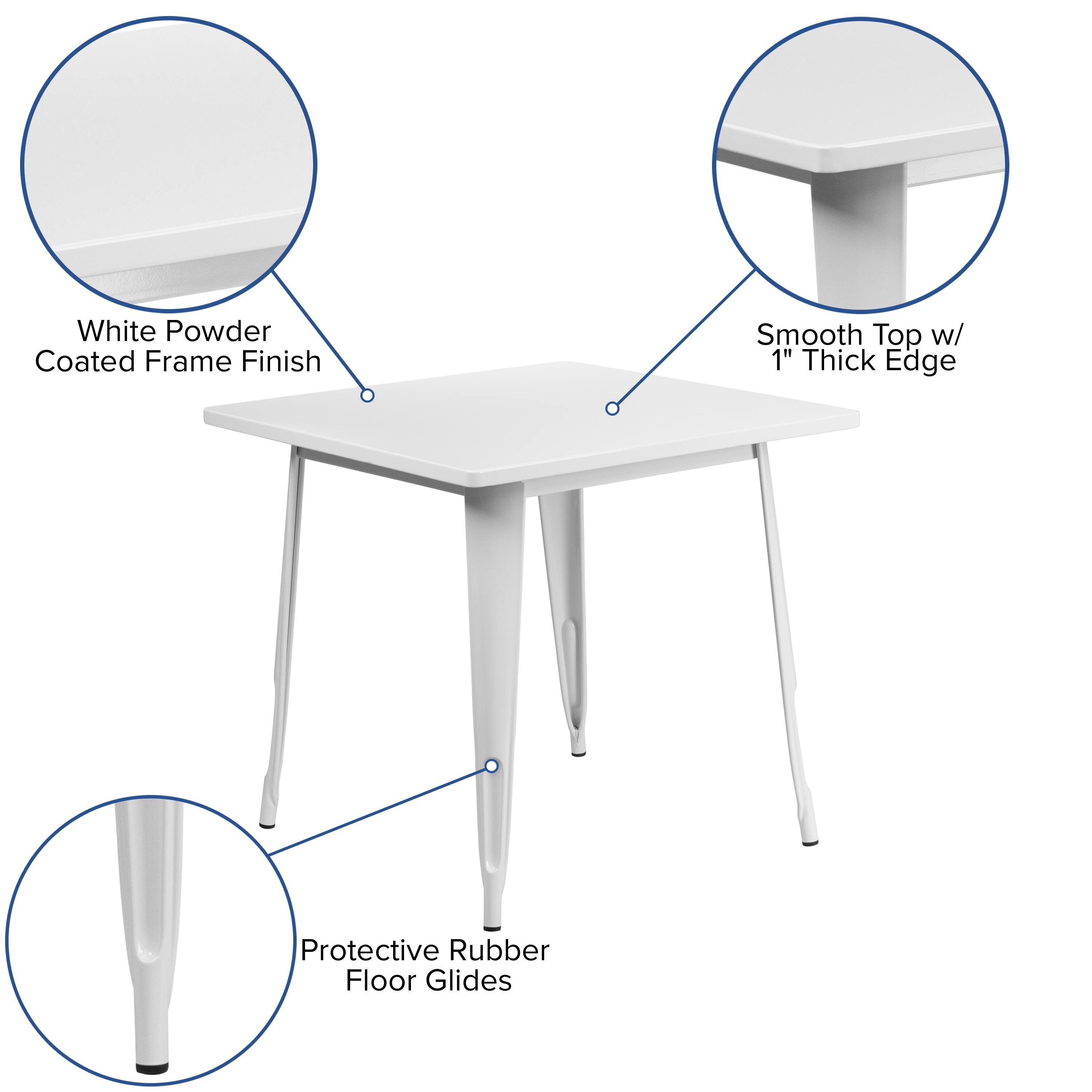 White Powder Coated Frame Finish  
Smooth Top w/ 1" Thick Edge  
Protective Rubber Floor Glides
