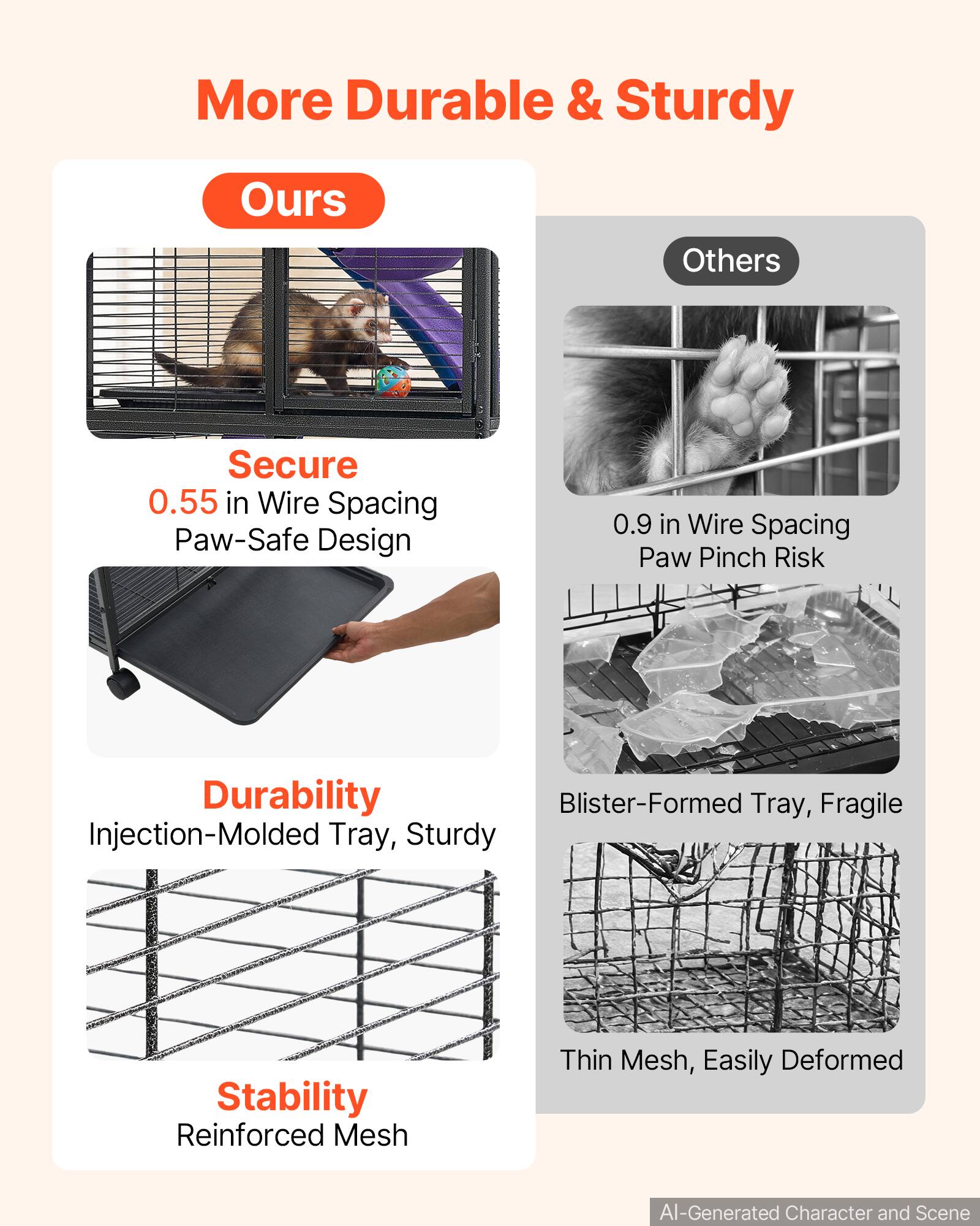 More Durable & Sturdy

Ours
- Secure
  - 0.55 in Wire Spacing Paw-Safe Design
- Durability
  - Injection-Molded Tray, Sturdy
- Stability
  - Reinforced Mesh

Others
- 0.9 in Wire Spacing Paw Pinch Risk
- Blister-Formed Tray, Fragile
- Thin Mesh, Easily Deformed

AI-Generated Character and Scene