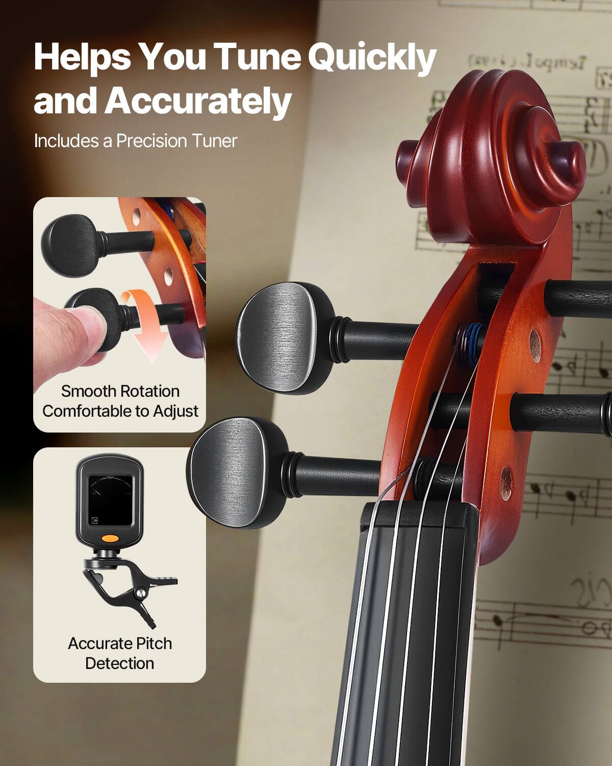 Helps You Tune Quickly and Accurately  
Includes a Precision Tuner  

Smooth Rotation  
Comfortable to Adjust  

Accurate Pitch Detection