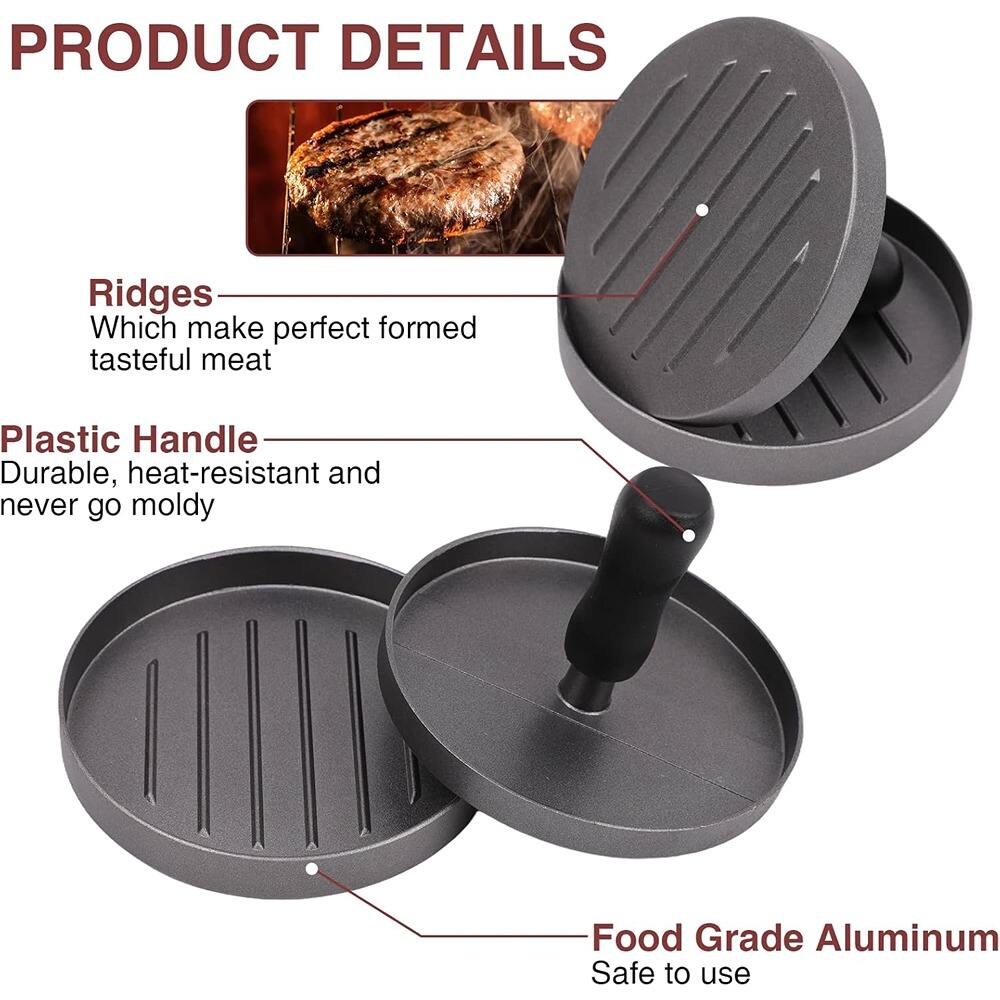**PRODUCT DETAILS**

- **Ridges**  
  Which make perfect formed tasty meat

- **Plastic Handle**  
  Durable, heat-resistant and never go moldy

- **Food Grade Aluminum**  
  Safe to use