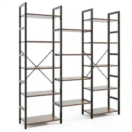 Gymax - 5-tier Industrial Bookshelf Heavy-duty Metal Frame Bookcases w/ 14 Open Shelves - Industrial Brown
