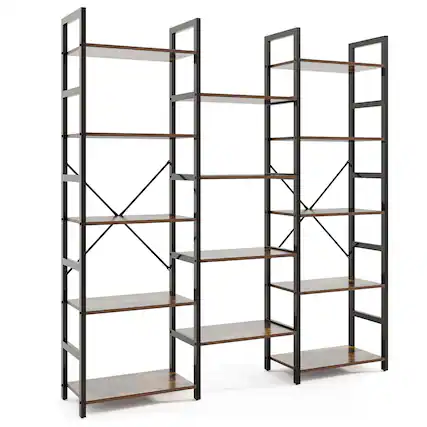 Front. Gymax - Gymax 5-tier Industrial Bookshelf Heavy-duty Metal Frame Bookcases w/ 14 Open Shelves - Industrial Brown.