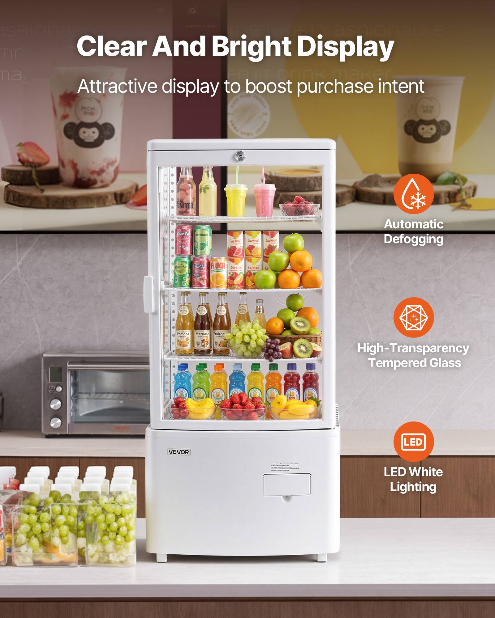 Clear And Bright Display  
Attractive display to boost purchase intent  

Automatic Defogging  

High-Transparency Tempered Glass  

LED White Lighting