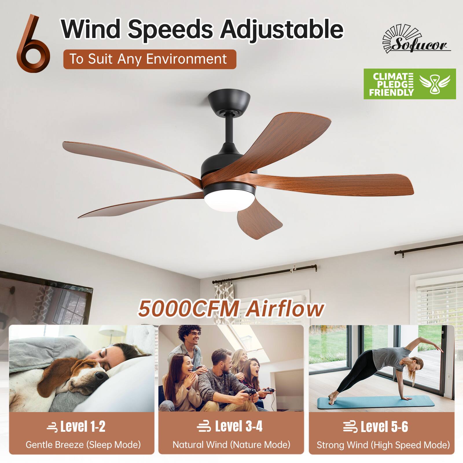 Wind Speeds Adjustable 6 To Suit Any Environment  
Sofucor  
CLIMATE PLEDGE FRIENDLY  
5000CFM Airflow  

Level 1-2: Gentle Breeze (Sleep Mode)  
Level 3-4: Natural Wind (Nature Mode)  
Level 5-6: Strong Wind (High Speed Mode)