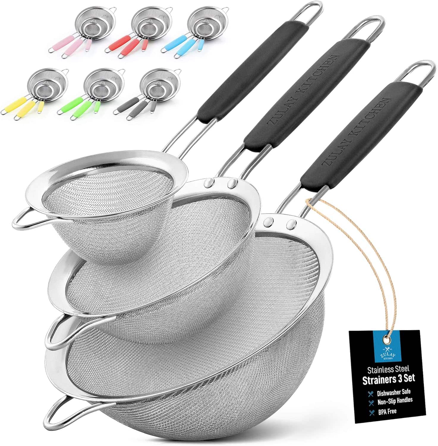 Zulay Kitchen - Premium Stainless Steel Fine Mesh Strainer Set - Strainers For Kitchen (Set of 3) with Non-Slip Handles - Black