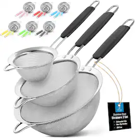 Zulay Kitchen - Premium Stainless Steel Fine Mesh Strainer Set - Strainers For Kitchen (Set of 3) with Non-Slip Handles - Black