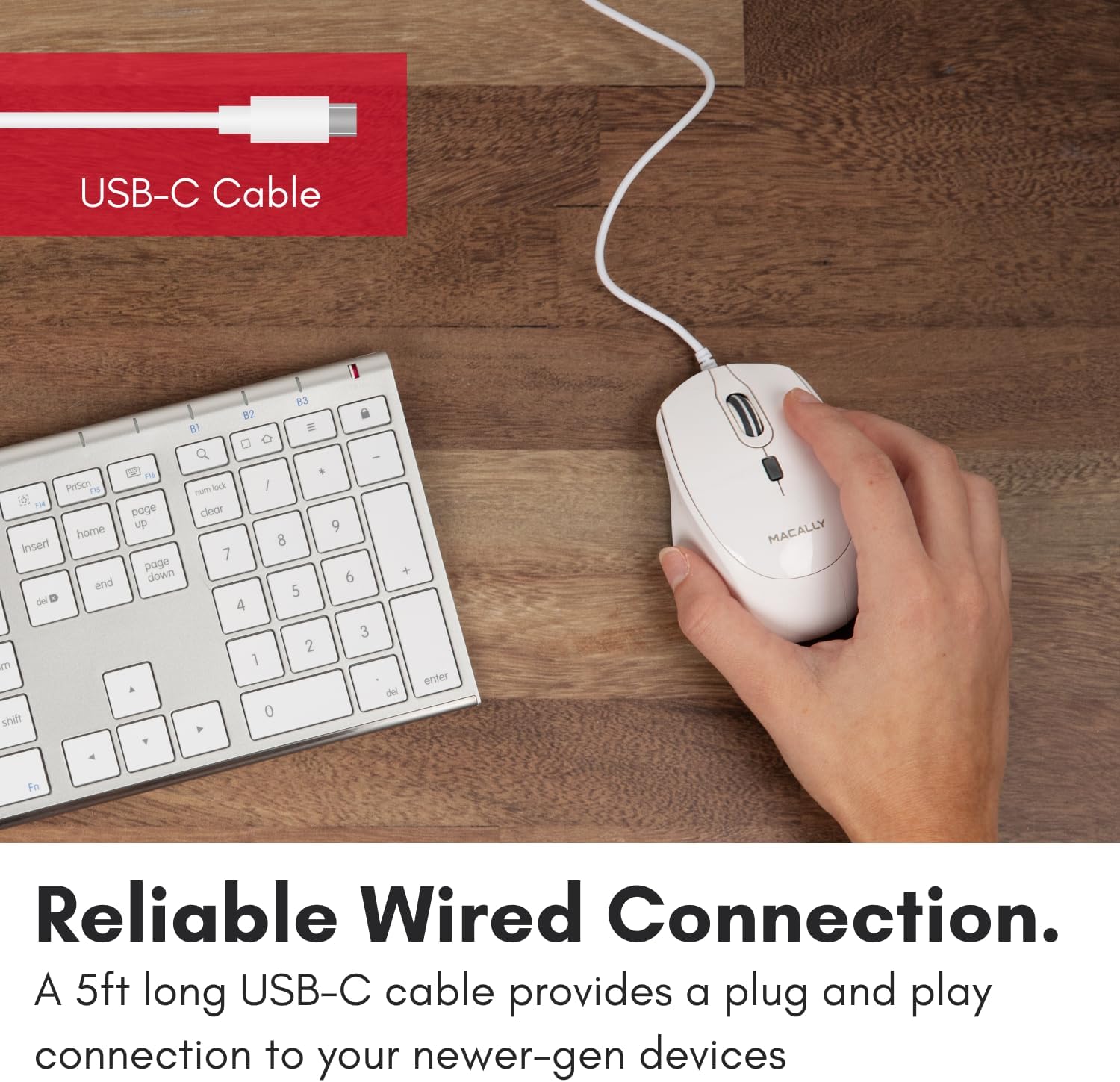 USB-C Cable

Reliable Wired Connection.
A 5ft long USB-C cable provides a plug and play connection to your newer-gen devices