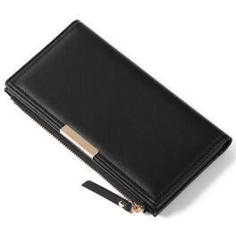Jadie Link - Slim Women Wallet Bifold Ladies Long Purse Travel Credit Card Holder Zipper Pocket Premium Vegan Leather Made - A01 Black