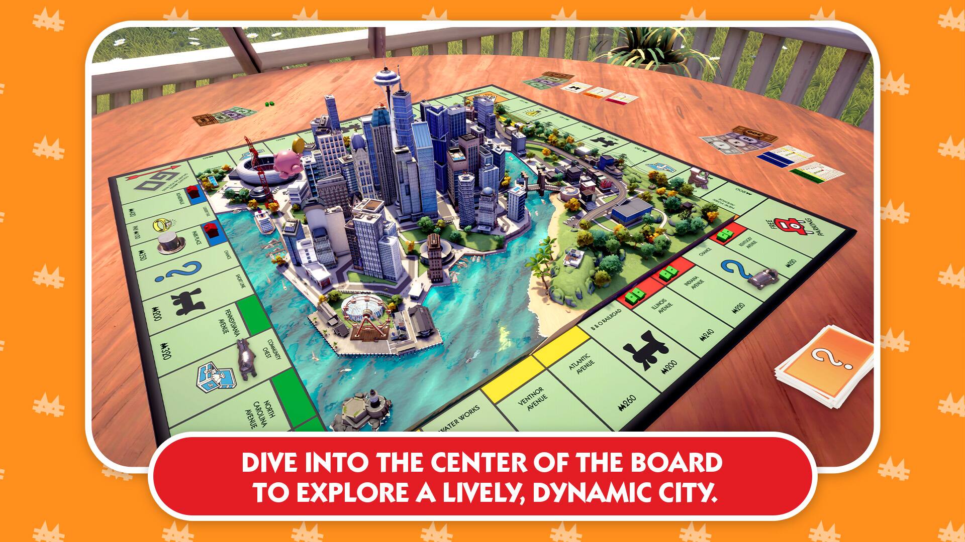 Dive into the center of the board to explore a lively, dynamic city.