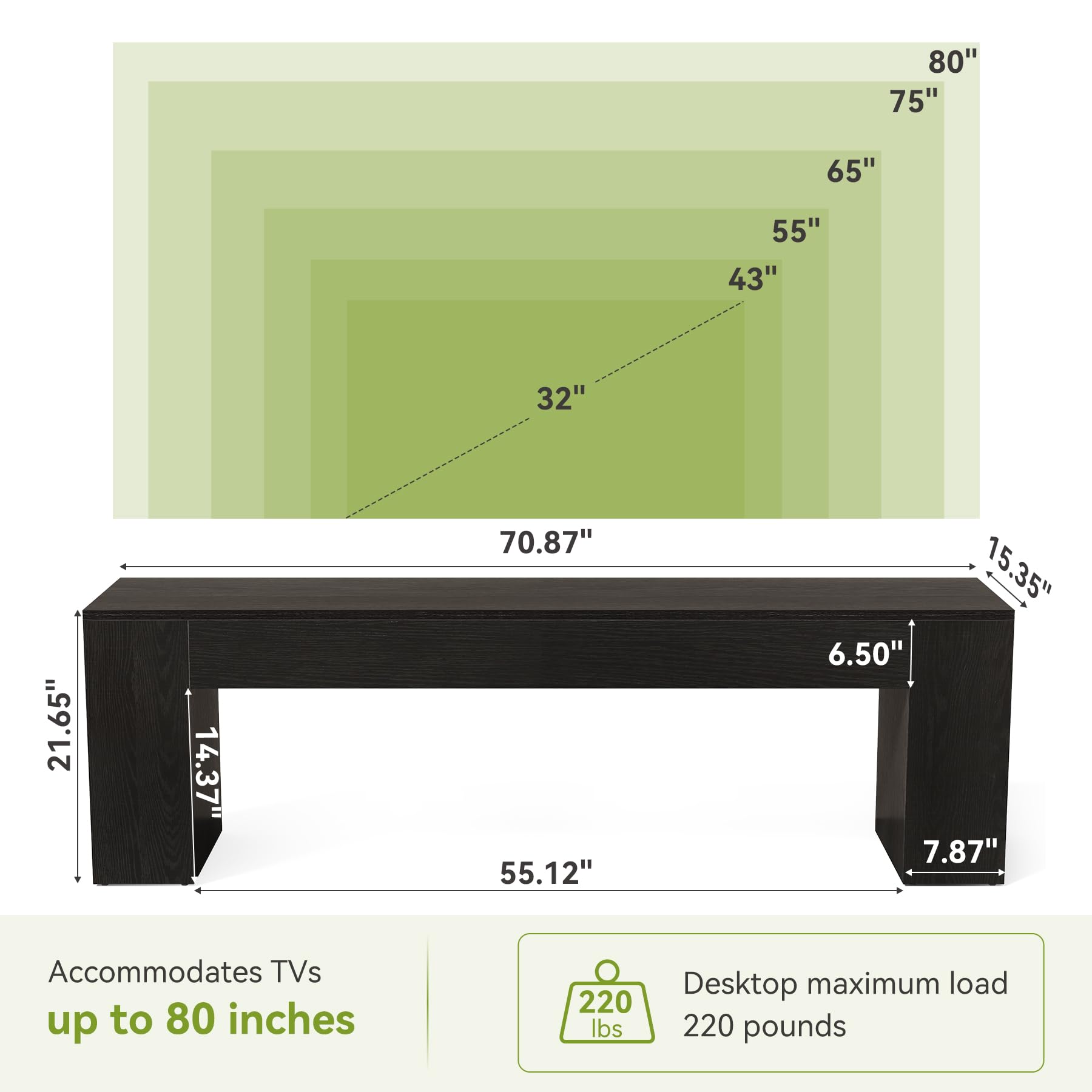 80"  
75"  
65"  
55"  
43"  
32"  
21.65"  
14.37"  
70.87"  
55.12"  
15.35"  
6.50"  
7.87"  

Accommodates TVs up to 80 inches  
220 lbs  
Desktop maximum load 220 pounds