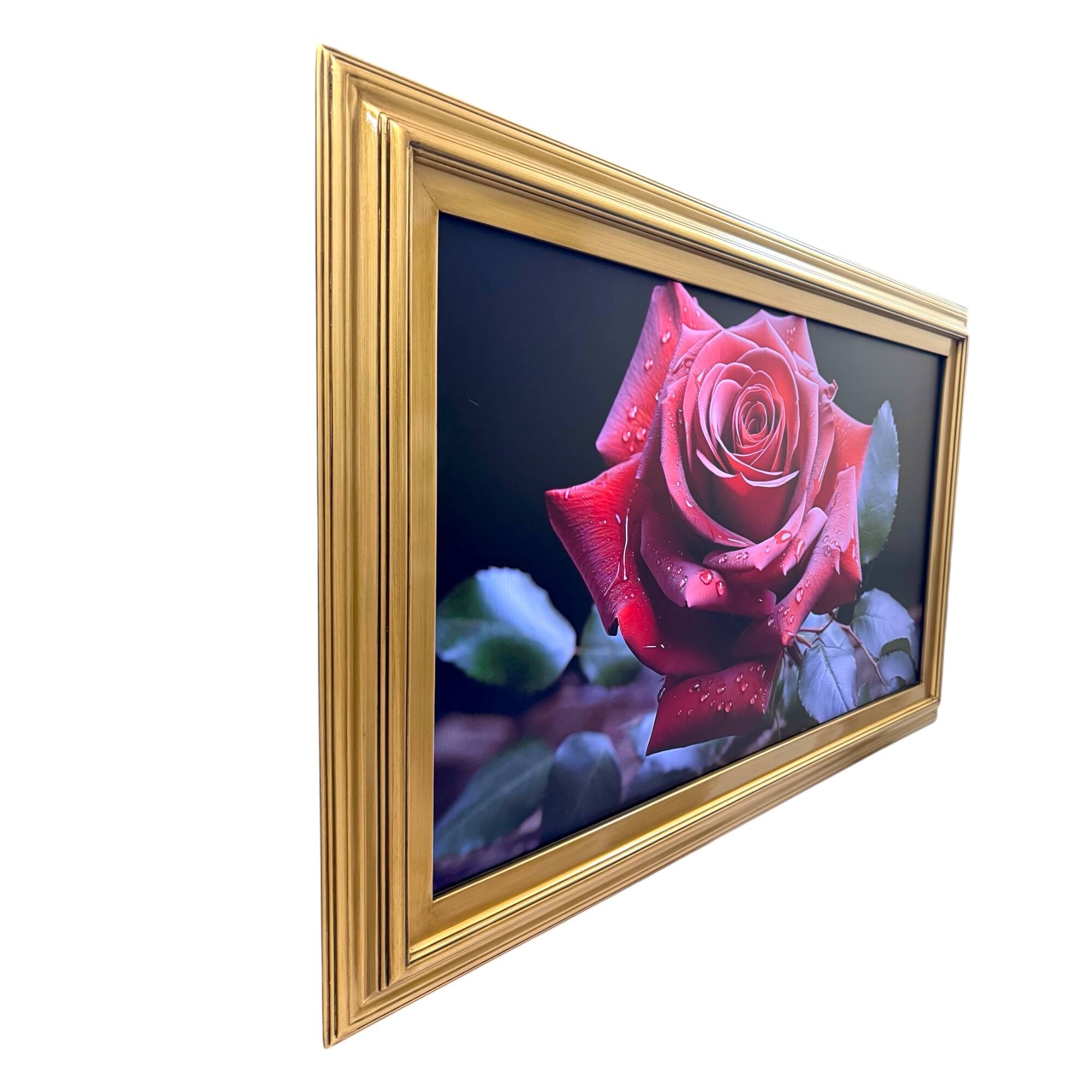 Angle. LAREDO FRAME FACTORY - 43 inch Handmade Tv frame for Samsung The Frame tv and Frame Pro Model - ANTIQUE GOLD.