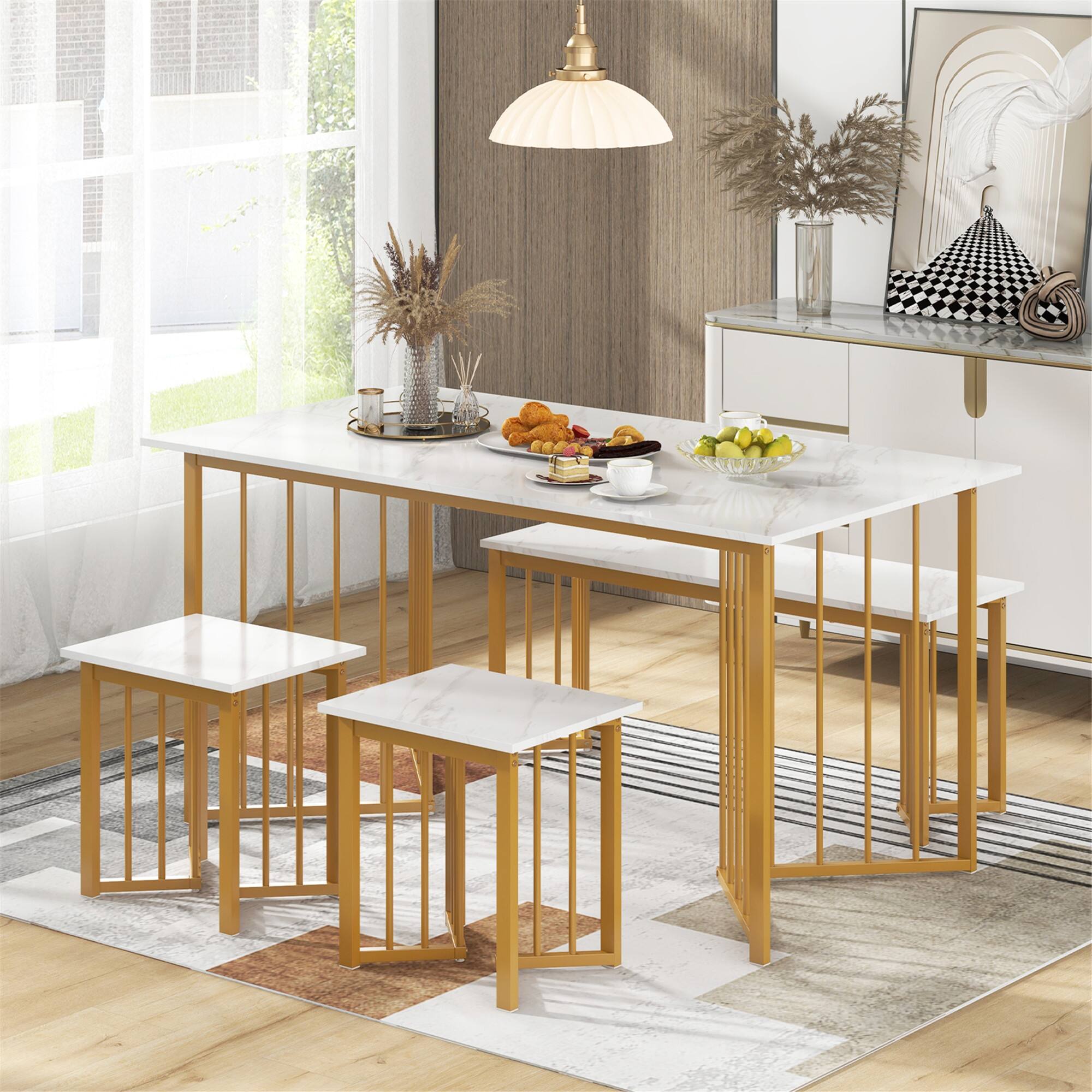 Alt View 3. Gymax - Gymax 4PCS Dining Table Set Kitchen Table w/ Bench & 2 Stools Wing-shaped Metal Legs - White, Gold.