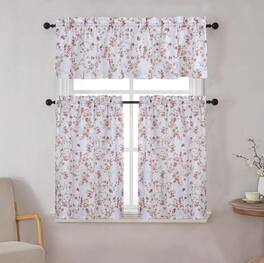 Kate Aurora - Complete 3 Piece Rod Pocket Cherry Blossom Cafe Kitchen Curtain Tier & Valance Set - Rose