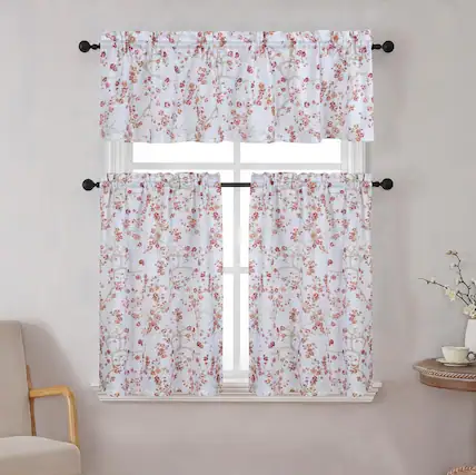 Front. Kate Aurora - Kate Aurora Complete 3 Piece Rod Pocket Cherry Blossom Cafe Kitchen Curtain Tier & Valance Set - Rose - Rose.