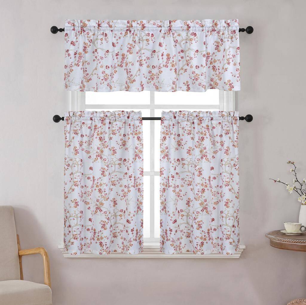Front. Kate Aurora - Kate Aurora Complete 3 Piece Rod Pocket Cherry Blossom Cafe Kitchen Curtain Tier & Valance Set - Rose - Rose.