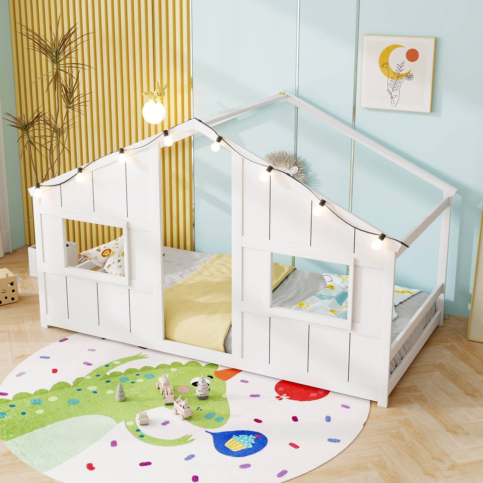 Alt View 1. Costway - Costway Twin Size House Floor Bed with LED Lights Solid Wood Bed Frame without Slats - White.