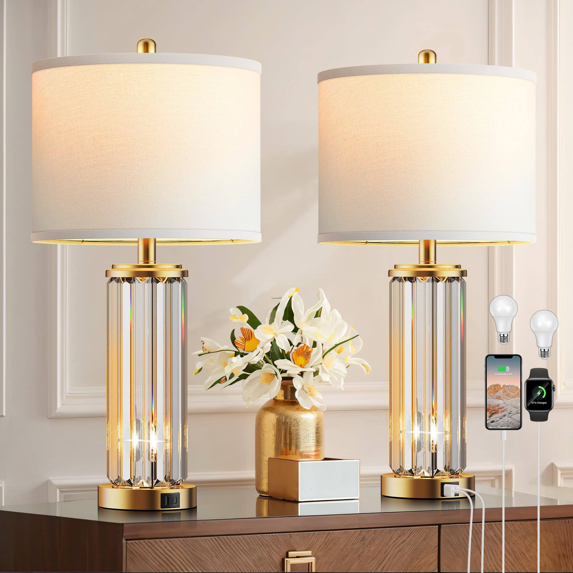 Front. Pawtners - Gold Table Lamps Set of 2 with USB A+C Charging & Night Light, Modern Bedside Lamps for Bedroom (LED Bulbs Included).