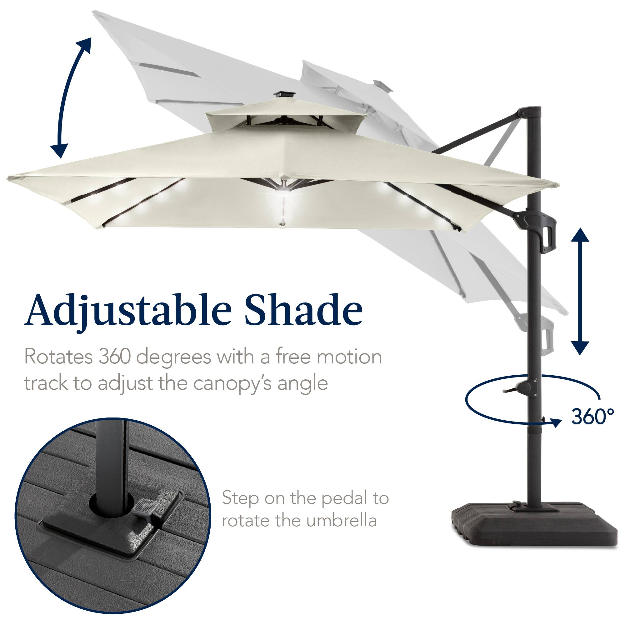 Adjustable Shade  
Rotates 360 degrees with a free motion track to adjust the canopy's angle  
Step on the pedal to rotate the umbrella