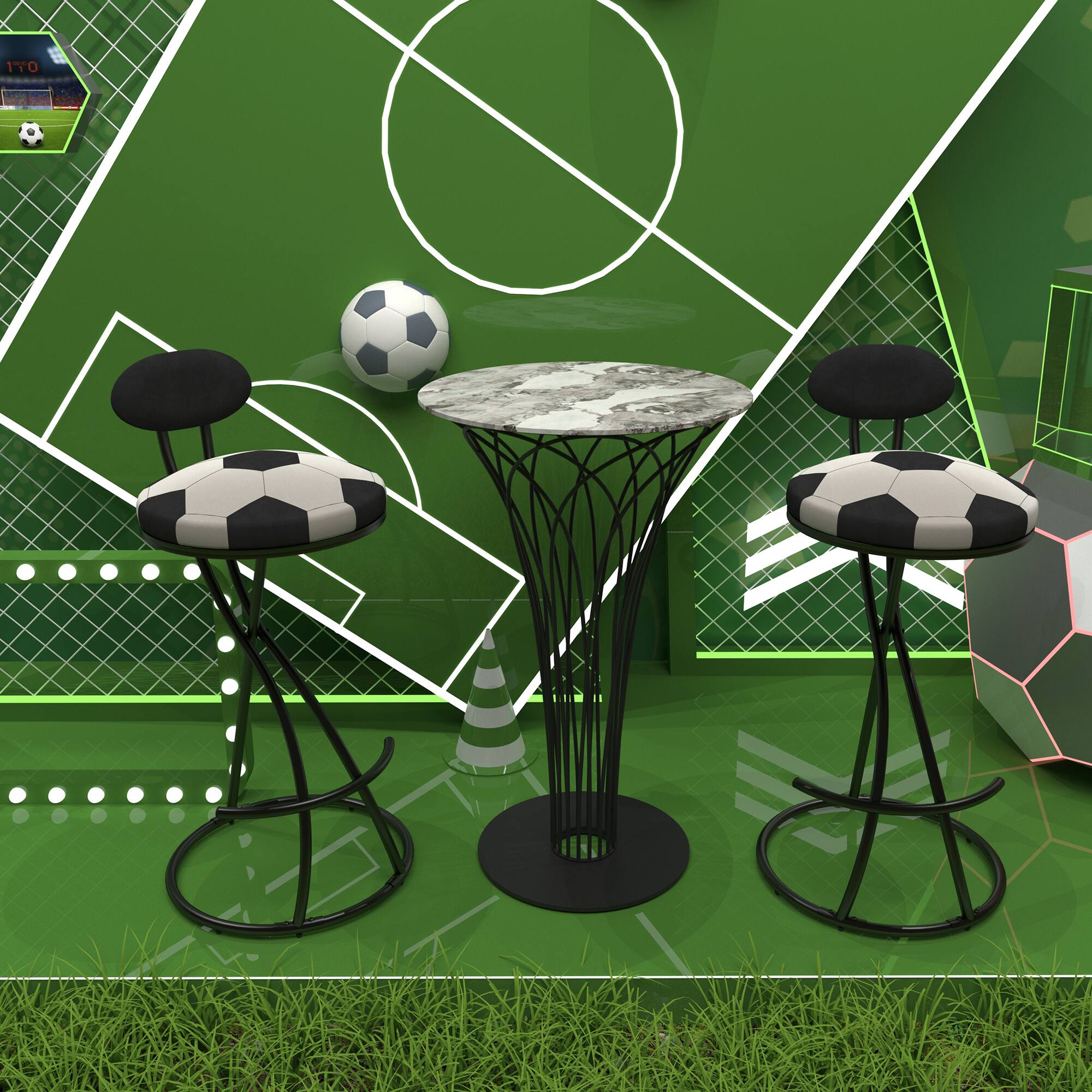 Alt View 2. PexFix - Modern Velvet Bar Stools, Set of 2, S-Shaped with Football Print, Upholstered for Kitchen & Living Room - Black.