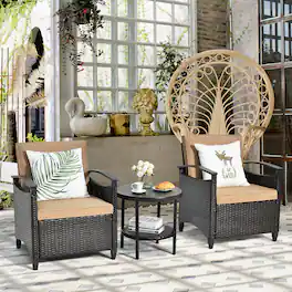Costway - 3PCS Patio Rattan Furniture Set Cushioned Sofa Storage Table W/ Shelf Garden - Brown