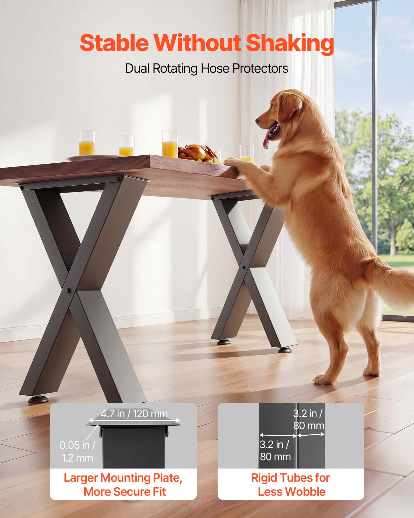 Stable Without Shaking  
Dual Rotating Hose Protectors  

4.7 in / 120 mm  
0.05 in / 1.2 mm  

Larger Mounting Plate, More Secure Fit  

3.2 in / 80 mm  
3.2 in / 80 mm  

Rigid Tubes for Less Wobble