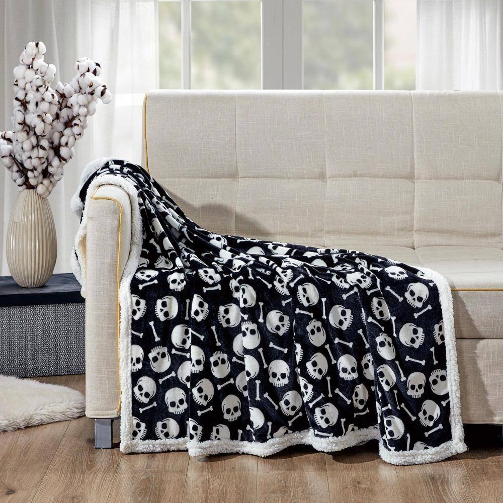 Alt View 1. Noble House - Skull & Bones Faux Shearling Micro Plush Throw Blanket 50" x 60" Black & White by Plazatex - Black & white.
