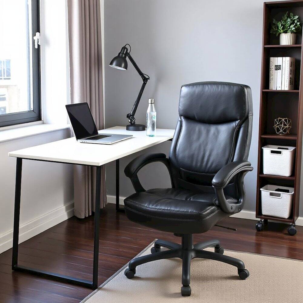 Alt View 1. FurniFact - Black Leather Executive Chair – High-Back Work Chair With Wheels - Black.