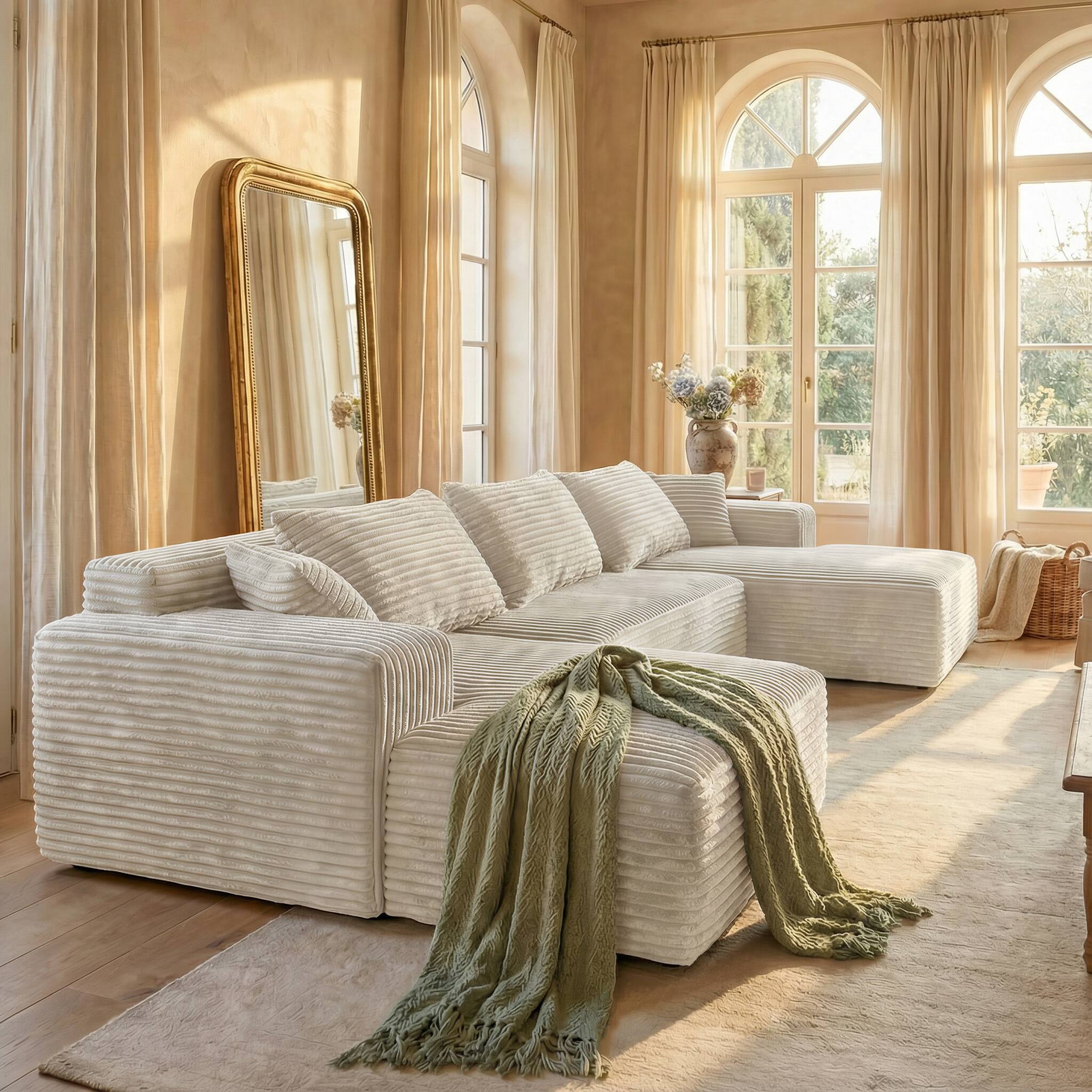 Alt View 1. FUFU & GAGA - Beige Modular Plush Velvet Sectional Sofa with Chaise, Soft High-Density Foam, Pet-Friendly Living Room Couch - White.