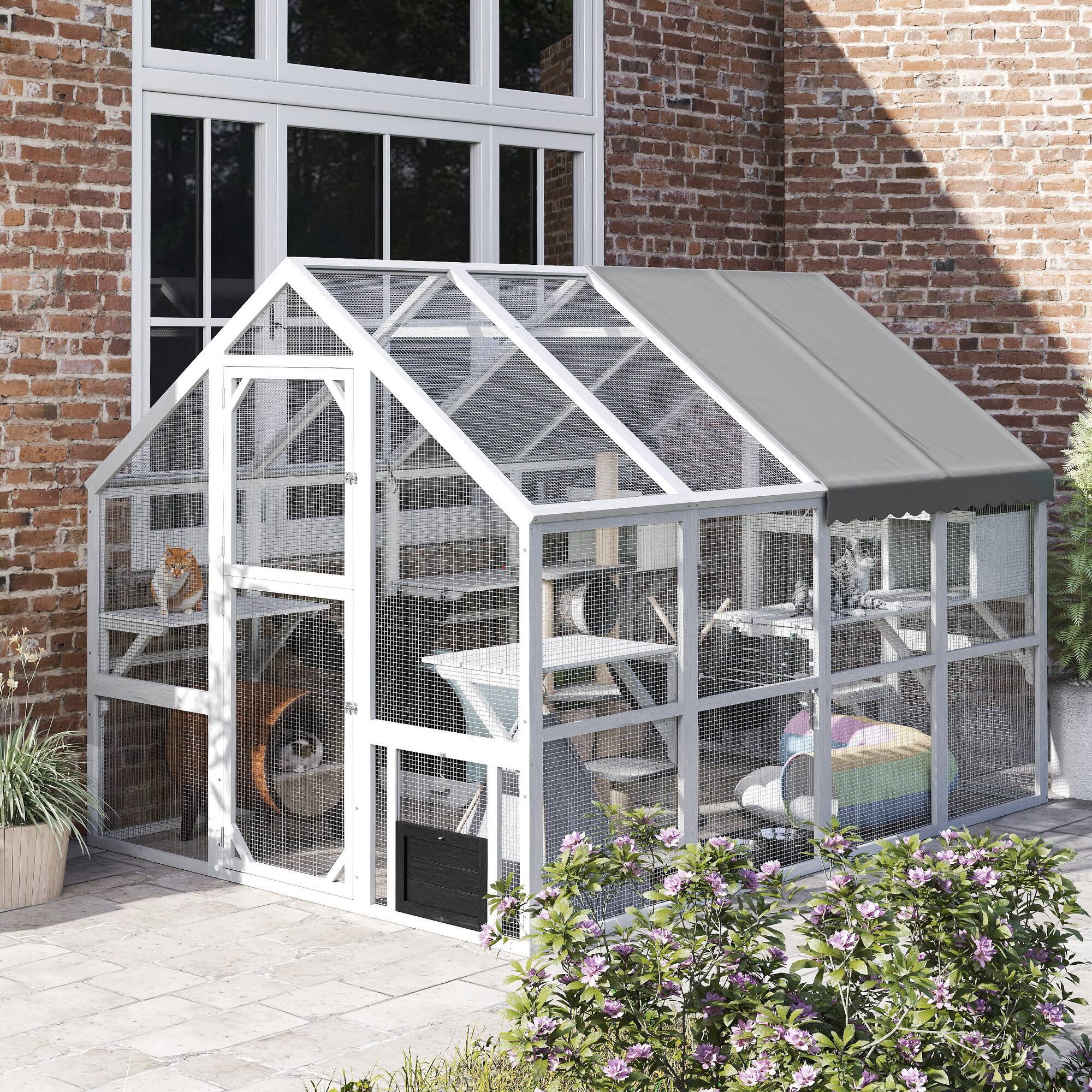 Alt View 4. Pawhut - Large Catio Outdoor Enclosure, for Multiple Kittens, Waterproof Cover, 2 Condos, 6 Platforms, 110"x73"x74".