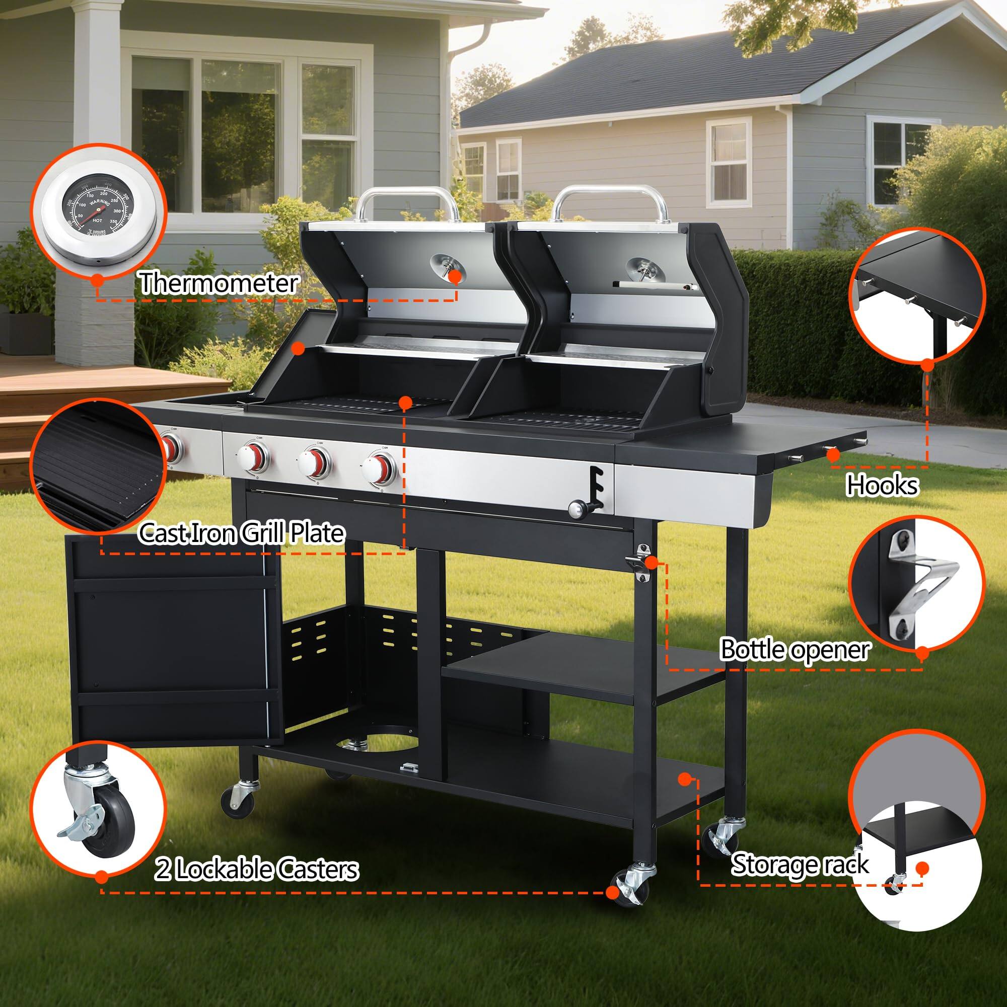 Ecooso 3 Burner Propane Gas BBQ Grill with Side Burner