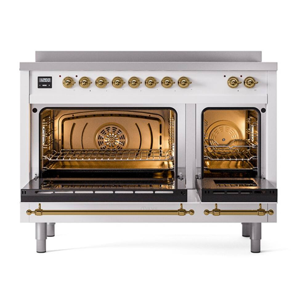Alt View 2. ILVE - ILVE Nostalgie II 48 inch Induction Range with 6 Elements  (Triple Glass Door, White, Brass) - White.