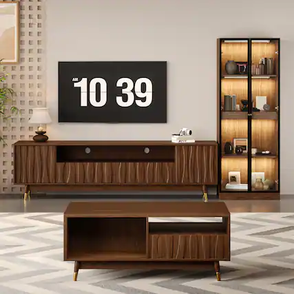 Front. MSOOB - 3 Pieces Entertainment Center For TVs up to 85'' Mid Century Modern TV Stand Glass Display Cabinet and Coffee Table - brown.
