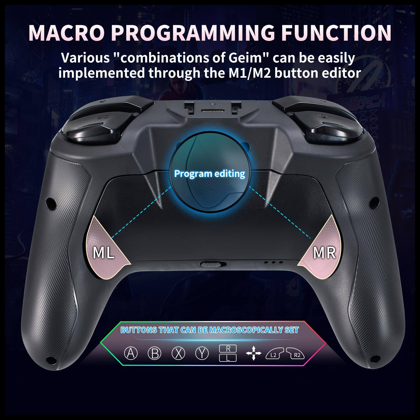 MACRO PROGRAMMING FUNCTION  
Various "combinations of Geim" can be easily implemented through the M1/M2 button editor  

Program editing  

ML MR  

BUTTONS THAT CAN BE MACROSCOPICALLY SET  
A B X Y R L2 R2