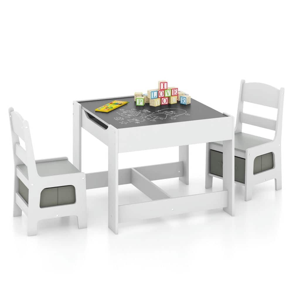 Kadyn - Kids Table Chairs Set With Storage Boxes Blackboard Whiteboard Drawing- Small Folding Table for Arts & Crafts - White