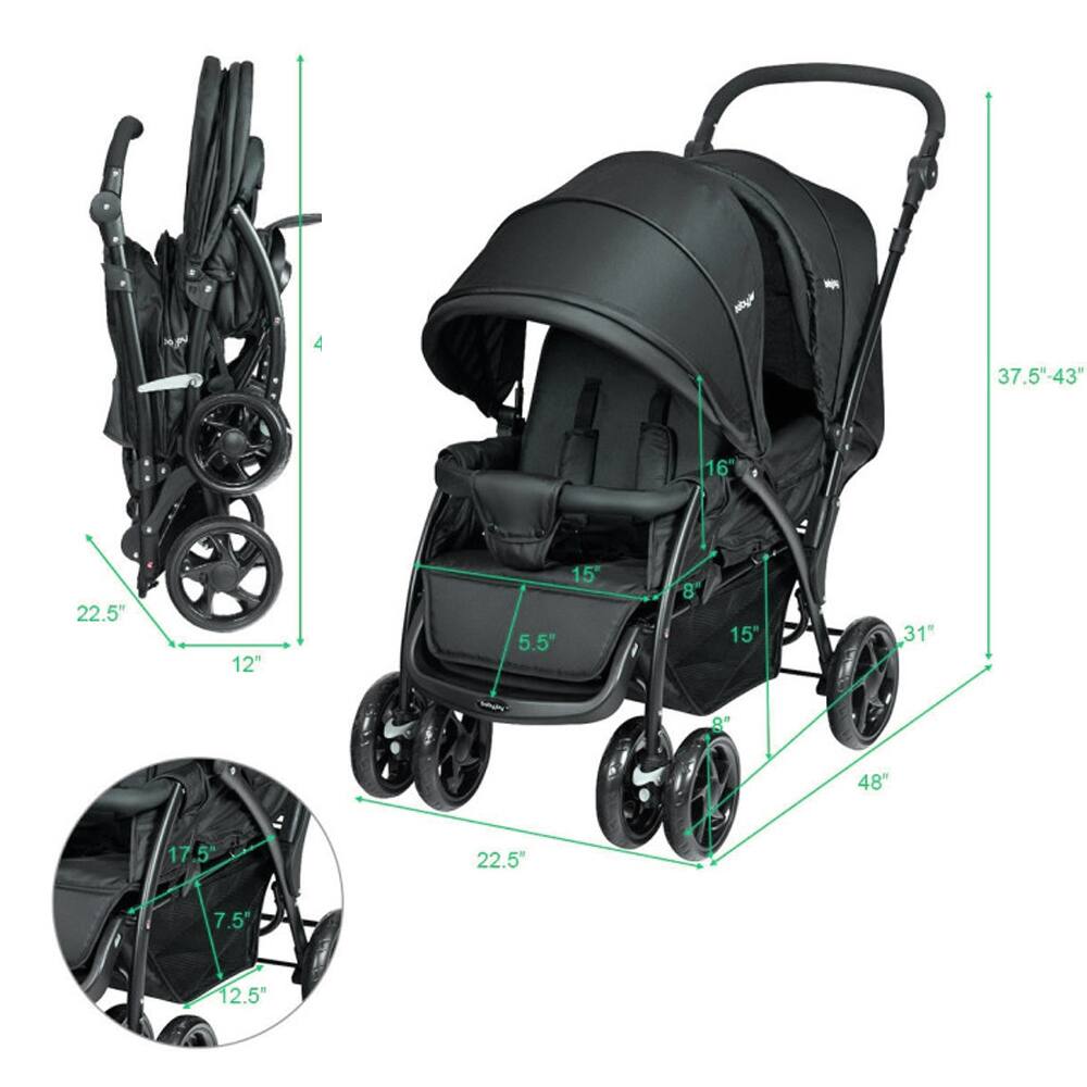 Sure, here is the corrected and grouped text from the image:

- **Dimensions:**
  - Width: 37.5" - 43"
  - Height: 48"
  - Depth: 22.5"
  - Seat Height: 16"
  - Seat Depth: 15"
  - Handle Height: 48"
  - Folded Height: 12"
  - Folded Width: 22.5"
  - Folded Depth: 15"
  - Wheel Diameter: 8"
  - Rear Wheel Diameter: 31"
  - Front Wheel Diameter: 5.5"
  - Rear Wheel Width: 2.5"
  - Front Wheel Width: 7.5"
  - Folded Width: 17.5"
  - Folded Depth: 12.5"