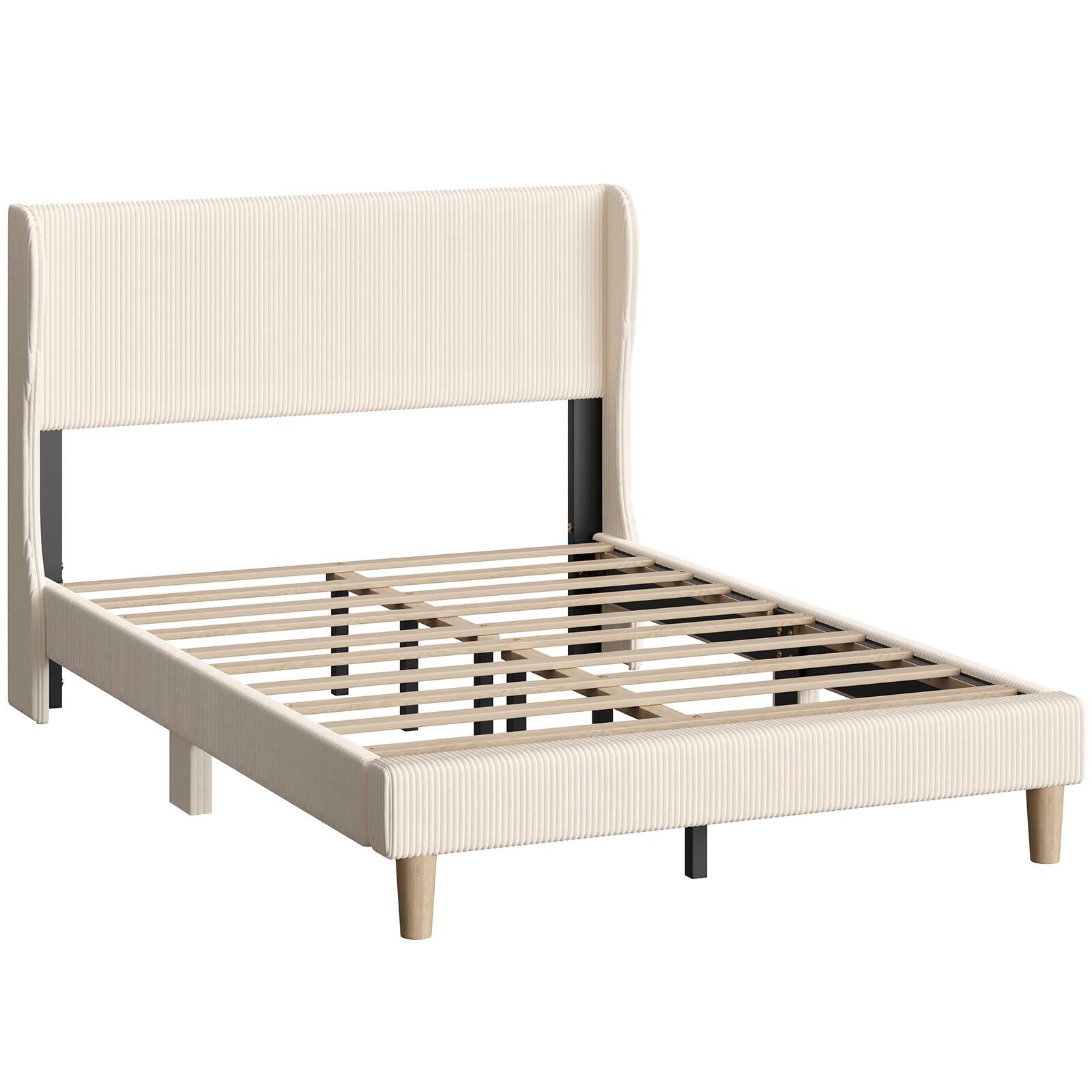 Alt View 4. Bestier - Wood Frame Corduroy Upholstered Platform Bed Frame with Wingback Headboard - Off White.