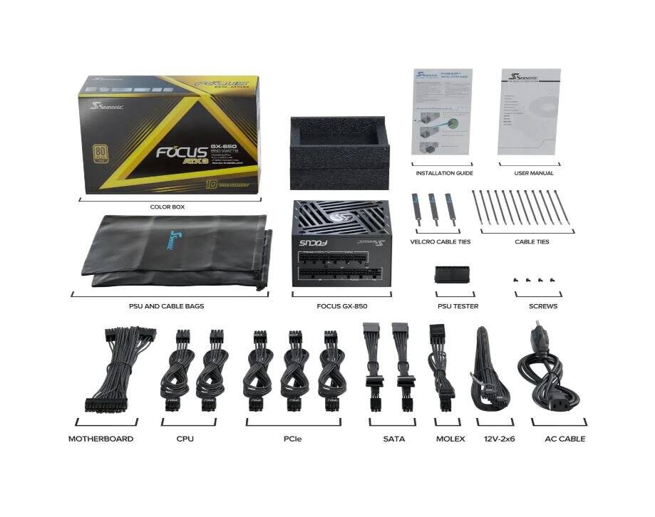 Sure, here is the corrected and grouped text from the image:

- **Seasonic**
- **FOCUS GX-850**
- **80 PLUS**
- **10**
- **COLOR BOX**
- **INSTALLATION GUIDE**
- **USER MANUAL**
- **VELCRO**
- **CABLE TIES**
- **PSU AND CABLE BAGS**
- **MOTHERBOARD**
- **CPU**
- **PCIe**
- **SATA**
- **MOLEX**
- **12V-2x6**
- **AC CABLE**
- **PSU TESTER**
- **SCREWS**