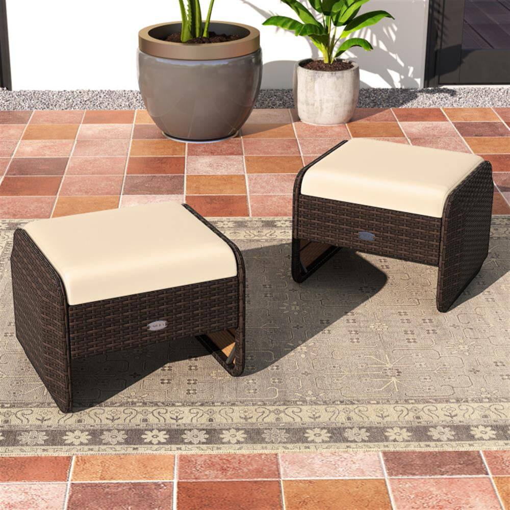 Alt View 5. Kadyn - Outdoor Footstool Footrest,2 Pieces Outdoor Patio PE Wicker Ottomans with Removable Cushions-Brown - Beige.
