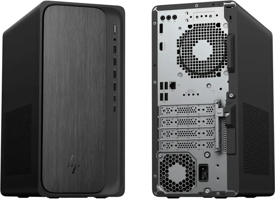 Left. HP - HP OmniDesk Desktop PC, AMD Ryzen 7 8700G, 32GB DDR5 RAM, 1TB SSD, AMD Radeon 780M, Windows 11 Pro, Keyboard & Mouse - Black.