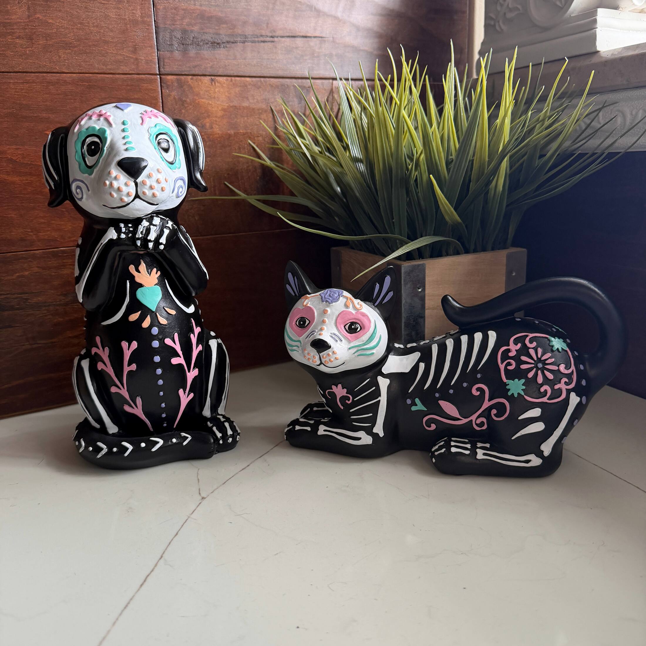 Alt View 5. Things2Die4 - Day of the Dead Cat and Dog Figurine Set 2 Glossy Resin Skeleton Statues - Multicolor.