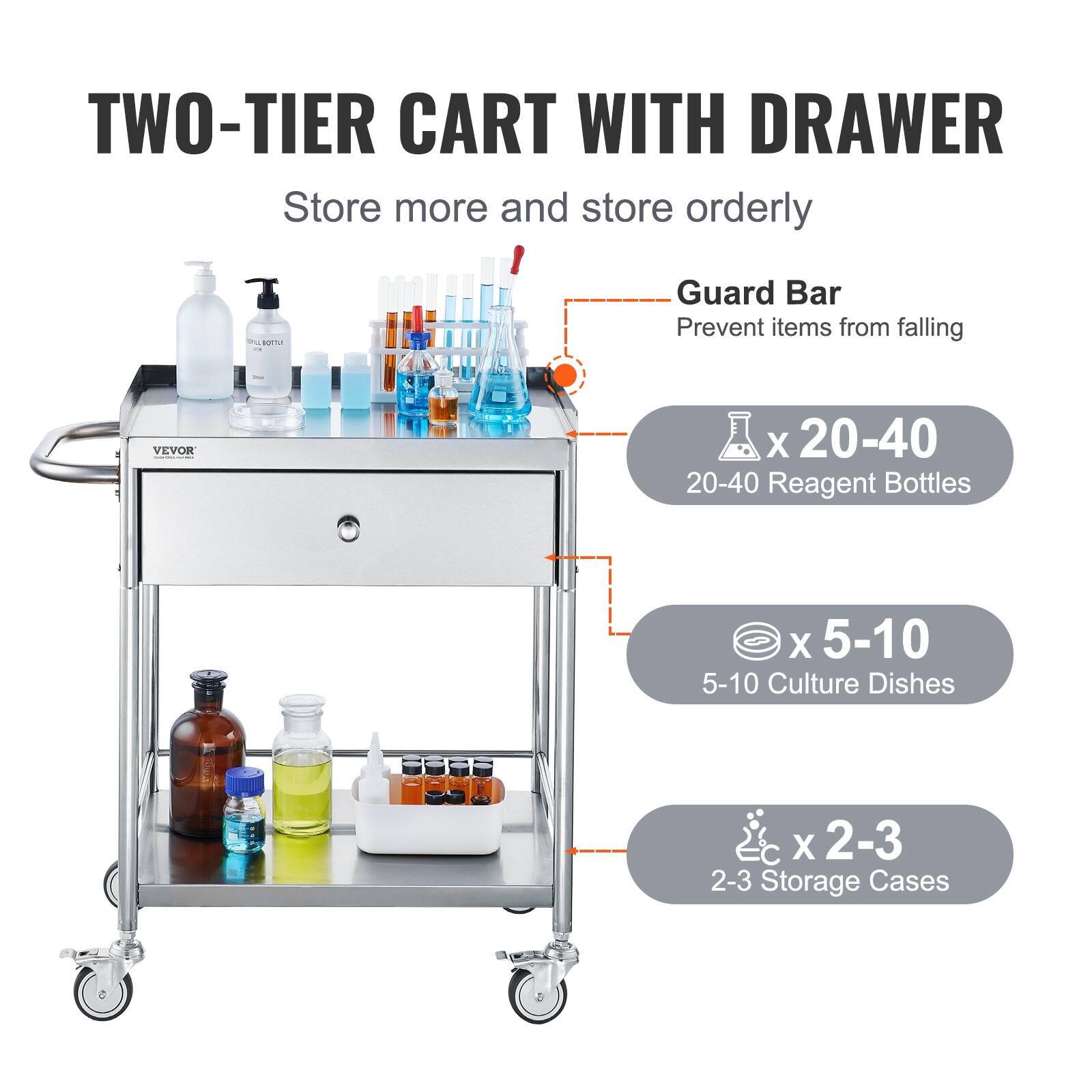 TWO-TIER CART WITH DRAWER
Store more and store orderly

Guard Bar
Prevent items from falling

x 20-40
20-40 Reagent Bottles

x 5-10
5-10 Culture Dishes

x 2-3
2-3 Storage Cases
