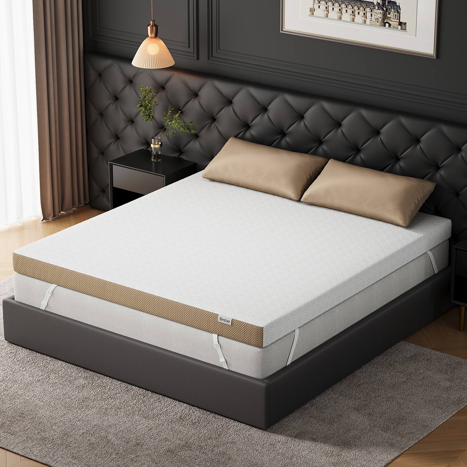 Front. Bestier - Bestier Full Size 3-inch Firm Gel Memory Foam Mattress Topper with Cooling Cover - White and Brown.
