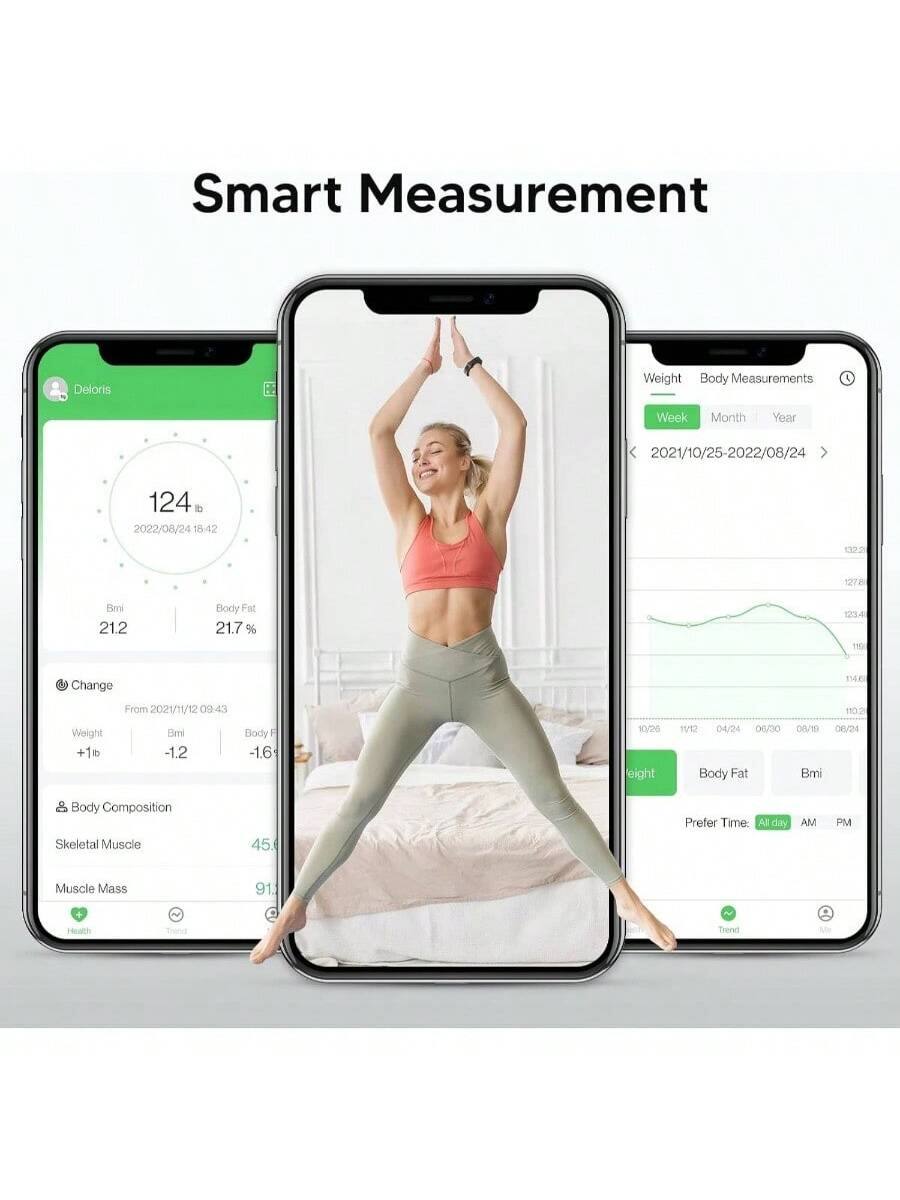 Smart Measurement  
Deloris  
Weight Body Measurements  
Week Month Year  
2021/10/25-2022/08/24  
124 D  
2022/08/24  
15412  
120  
1278  
Bm 21.2  
Body Fnt 21.7  
1234  
119  
1  
Change  
1546  
Weight +1  
From 2021/11/12 09-43  
Bm -1.2  
Body F -1.6  
10/26  
leight 15/12  
04/24  
06,00  
Body Fat  
102 D/19  
0P/24  
Bmi  
Body Composition  
Skeletal Musale 45  
Prefer Time: All day AM PM  
Muscle Mass 91  
Health Trend  
Trend