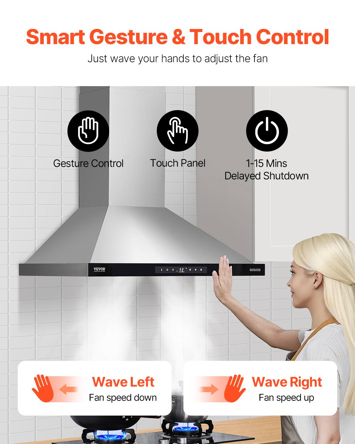Smart Gesture & Touch Control  
Just wave your hands to adjust the fan  

Gesture Control  
Touch Panel  
1-15 Mins Delayed Shutdown  

Wave Left  
Fan speed down  

Wave Right  
Fan speed up