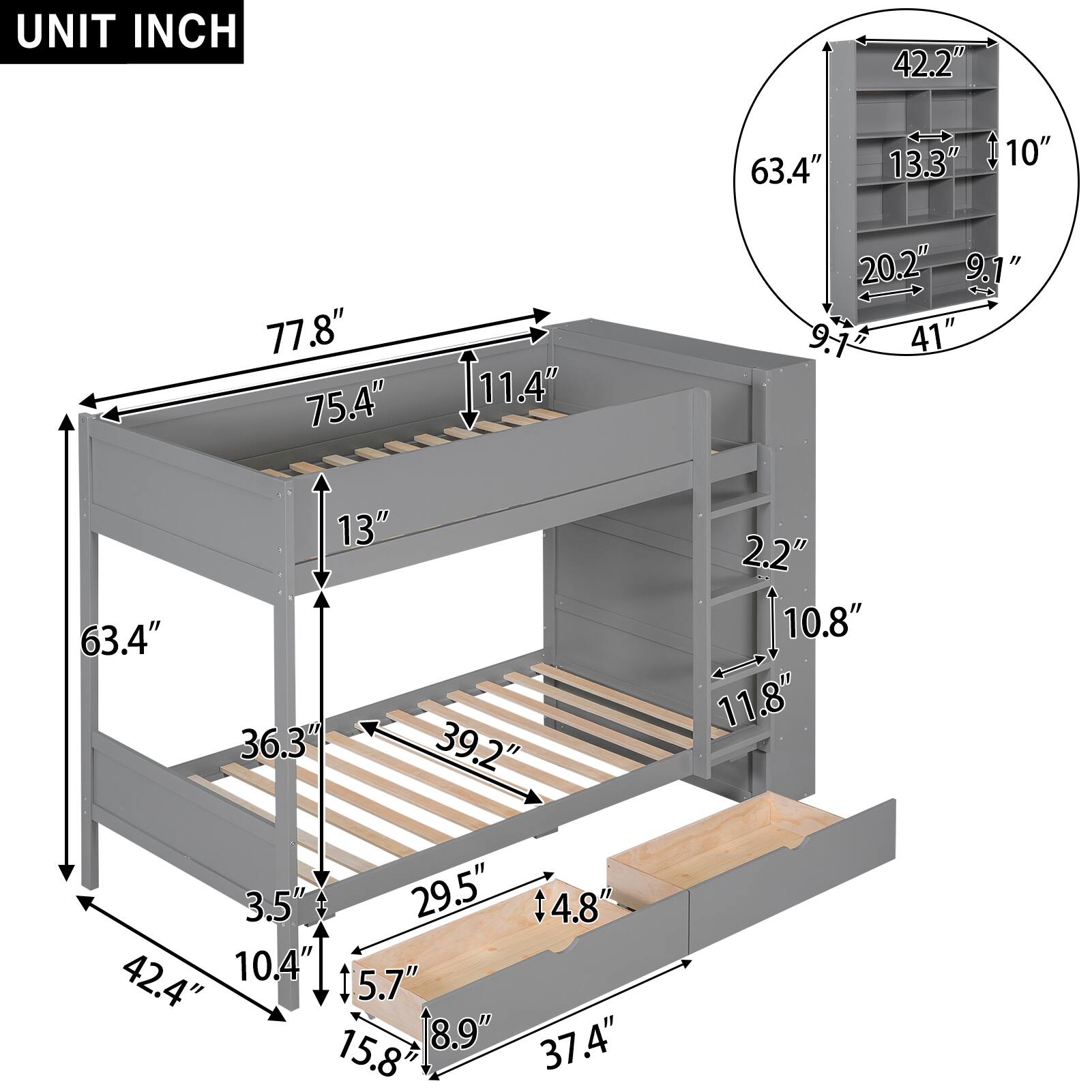 UNIT INCH

- 77.8"
- 75.4"
- 13"
- 63.4"
- 11.4"
- 42.2"
- 13.3"
- 10"
- 20.2"
- 9.1"
- 41"
- 9.1"
- 63.4"
- 13"
- 36.3"
- 39.2"
- 2.2"
- 10.8"
- 11.8"
- 3.5"
- 29.5"
- 4.8"
- 42.4"
- 10.4"
- 5.7"
- 8.9"
- 37.4"
- 15.8"