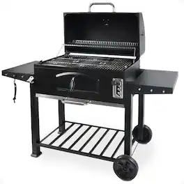 Grill Boss - 32 Inch Charcoal BBQ Grill, Side Shelves, Built In Thermometer - Black